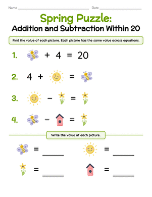 Spring Puzzle: Addition and Subtraction Within 20