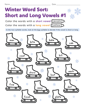 Winter Word Sort: Short and Long Vowels #1