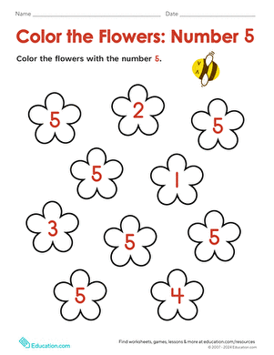 Color the Flowers: Number 5