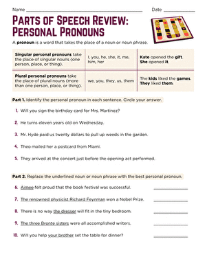 Parts of Speech Review: Personal Pronouns