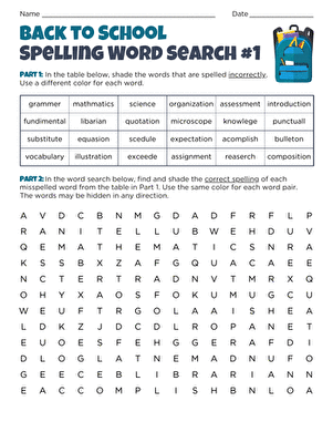 Back to School Spelling Word Search #1