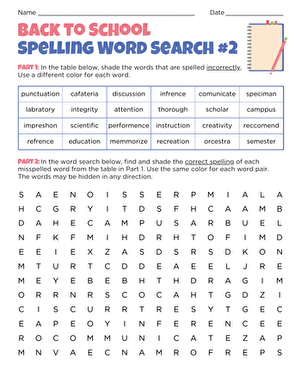Back to School Spelling Word Search #2