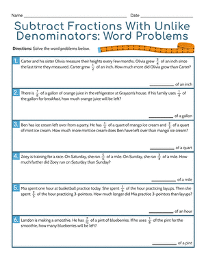 Subtract Fractions With Unlike Denominators: Word Problems