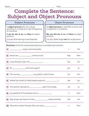 Complete the Sentence: Subject and Object Pronouns
