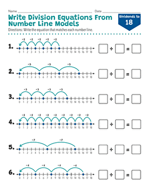 Write Division Equations From Number Line Models: Dividends to 18