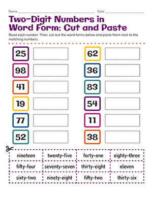 Two-Digit Numbers in Word Form: Cut and Paste