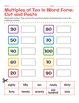 Multiples of Ten in Word Form: Cut and Paste