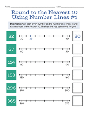 Round to the Nearest 10 Using Number Lines #1