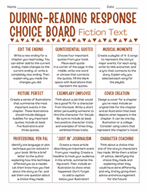 During-Reading Response Choice Board: Fiction Text