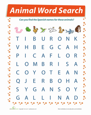 Spanish Animals Word Search
