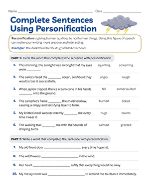 Complete Sentences Using Personification