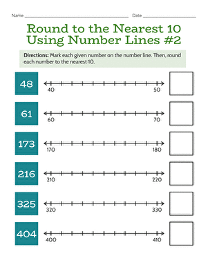 Round to the Nearest 10 Using Number Lines #2
