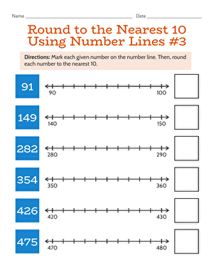 Round to the Nearest 10 Using Number Lines #3