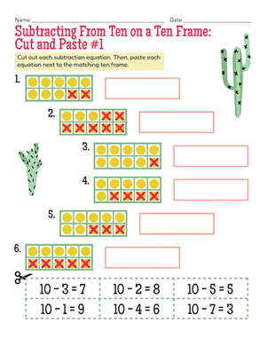 Subtracting From Ten on a Ten Frame: Cut and Paste #1