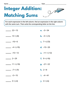 Integer Addition: Matching Sums | Interactive Worksheet | Education.com