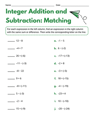 Integer Addition and Subtraction: Matching