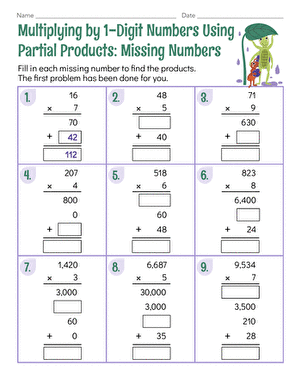 Multiplying by 1-Digit Numbers Using Partial Products: Missing Numbers