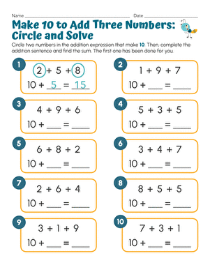 Make 10 to Add Three Numbers: Circle and Solve