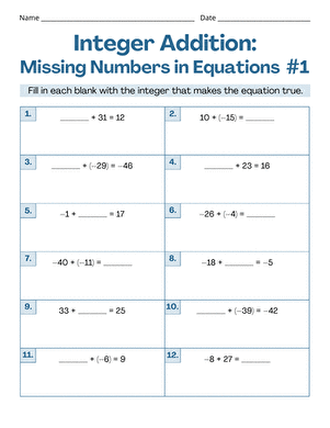 Integer Addition: Missing Numbers in Equations #1