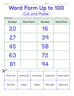 Word Form Up to 100: Cut and Paste