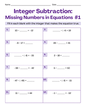 Integer Subtraction: Missing Numbers in Equations #1