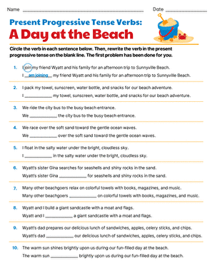 Present Progressive Tense Verbs: A Day at the Beach