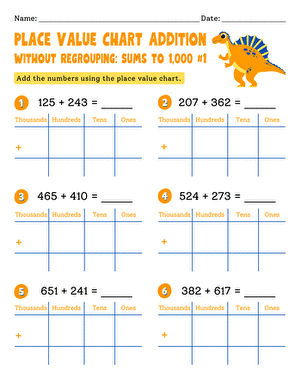 Place Value Chart Addition Without Regrouping: Sums to 1,000 #1