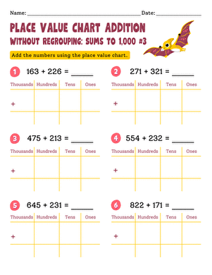 Place Value Chart Addition Without Regrouping: Sums to 1,000 #3