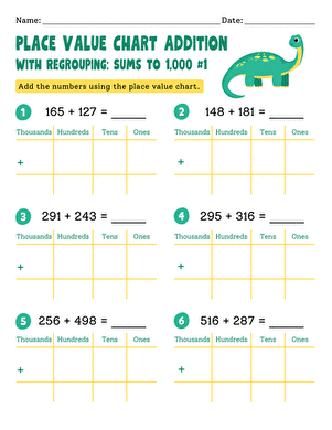 Place Value Chart Addition With Regrouping: Sums to 1,000 #1