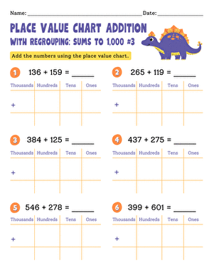 Place Value Chart Addition With Regrouping: Sums to 1,000 #3