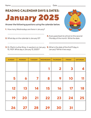 Reading Calendar Days and Dates: January 2025