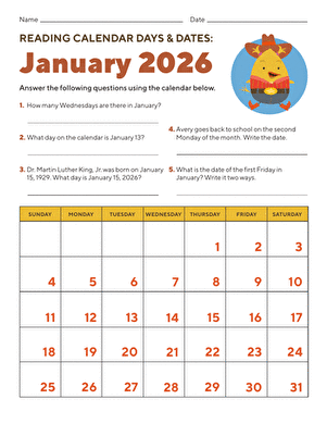 Reading Calendar Days and Dates: January 2026 large image