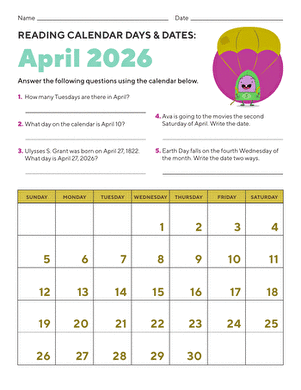  Reading Calendar Days &amp; Dates: April 2025
