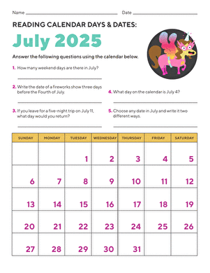 Reading Calendar Days and Dates: July 2025