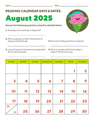 Reading Calendar Days and Dates: August 2025