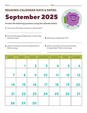 Reading Calendar Days and Dates: September 2025