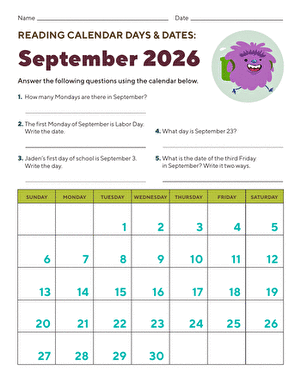 Reading Calendar Days and Dates: September 2026