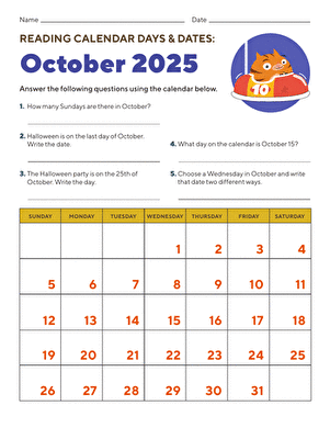 Reading Calendar Days and Dates: October 2025