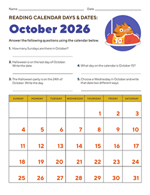  Reading Calendar Days &amp; Dates: October 2025