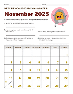Reading Calendar Days and Dates: November 2025
