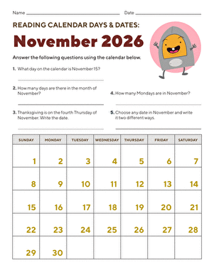  Reading Calendar Days &amp; Dates: November 2025
