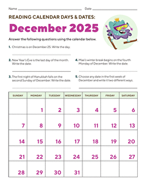 Reading Calendar Days and Dates: December 2025