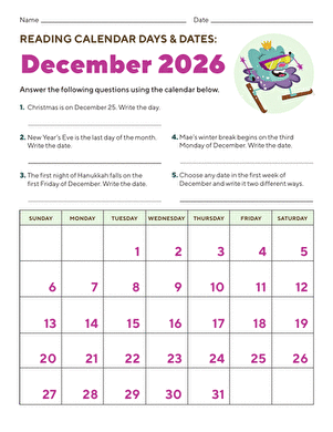  Reading Calendar Days &amp; Dates: December 2025