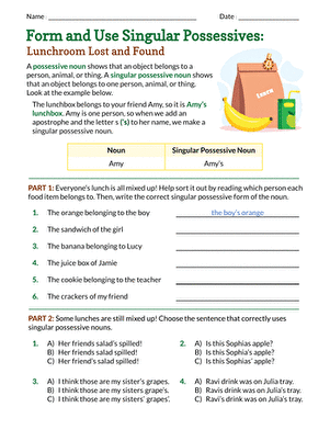 Form and Use Singular Possessives: Lunchroom Lost and Found