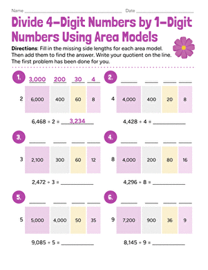 Divide 4-Digit Numbers by 1-Digit Numbers Using Area Models