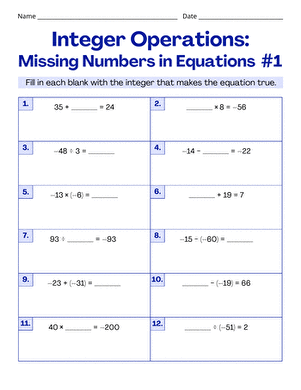 Integer Operations: Missing Numbers in Equations #1