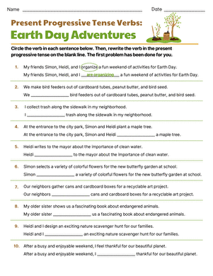 Present Progressive Tense: Earth Day Adventures