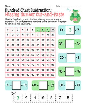 Hundreds Chart Subtraction: Missing Number Cut and Paste