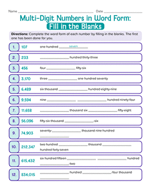 Multi-Digit Numbers in Word Form: Fill in the Blanks