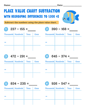 Place Value Chart Subtraction With Regrouping: Differences Within 1,000 #2
